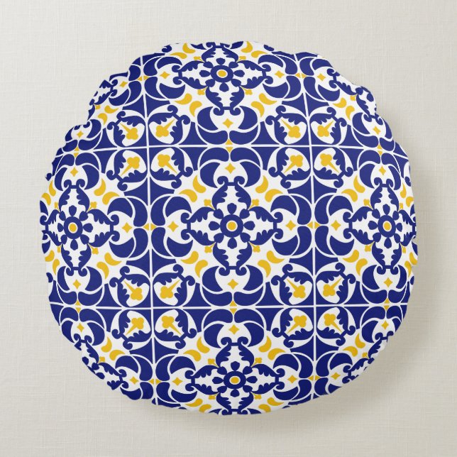 Coussins Ronds Carreaux méditerranéens Motif bleu et jaune (Devant)