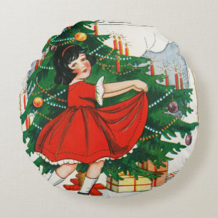 Coussins Ronds Carte de Noël rétro, enfant et sapin de Noël