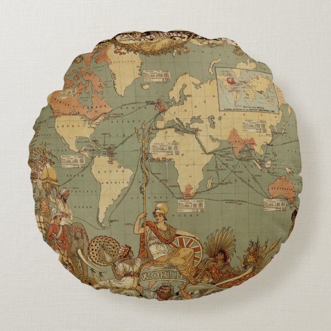 Coussins Ronds Carte du monde Antique 1886 Illustré (Devant)