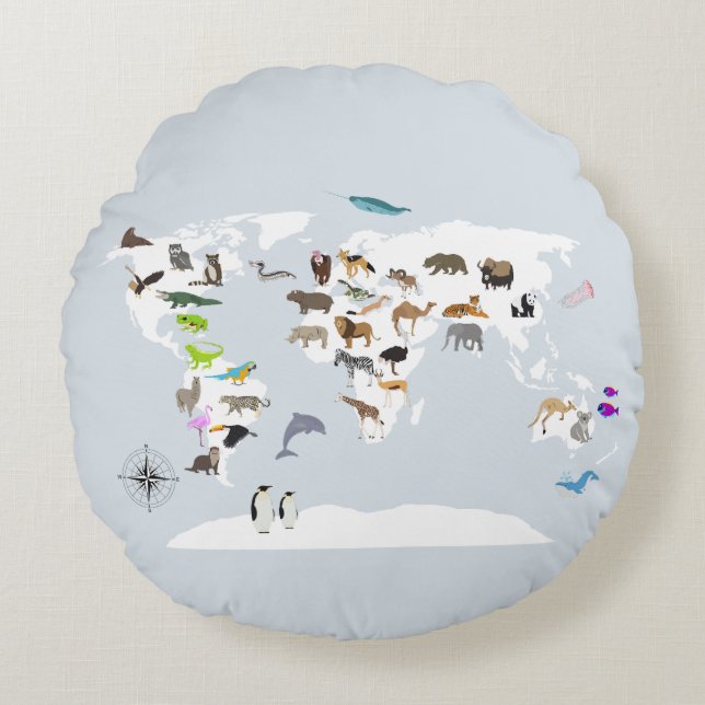 Coussins Ronds Carte du monde pour enfants Animaux (Devant)