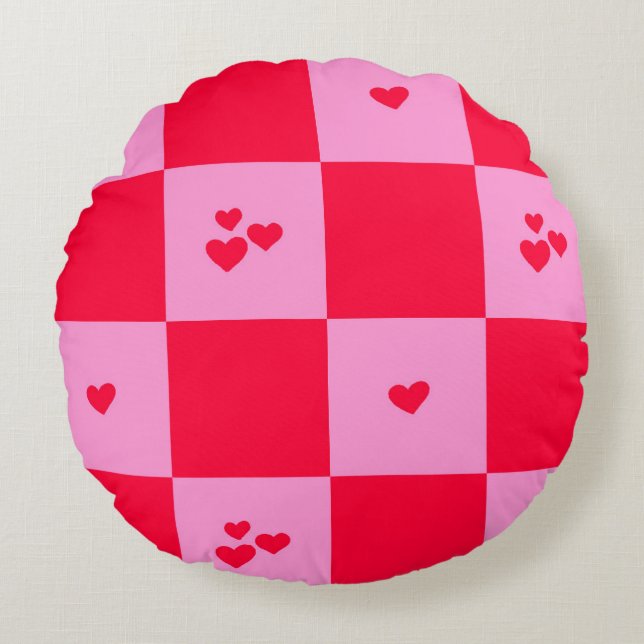 Coussins Ronds Cartes Grille rose et rouge (Devant)