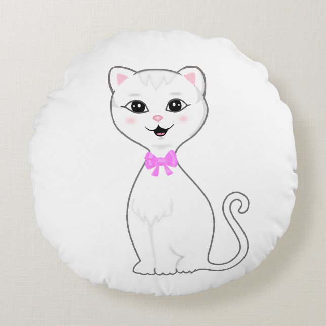 Coussins Ronds Carton de chat blanc mignon (Devant)