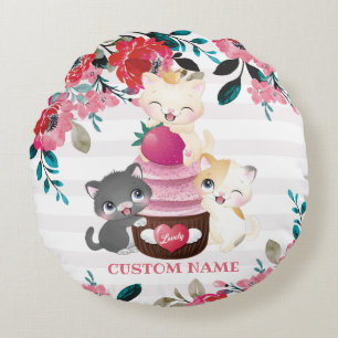 Coussins Ronds Cartoon floral Whimsical Chats Cupcake fraise