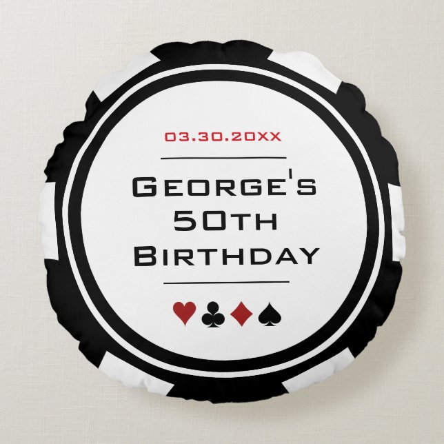 Coussins Ronds Casino Poker Chip noir et blanc Anniversaire (Devant)
