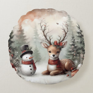 Coussins Ronds Cerf de Noël/bonhomme de neige en bois classique