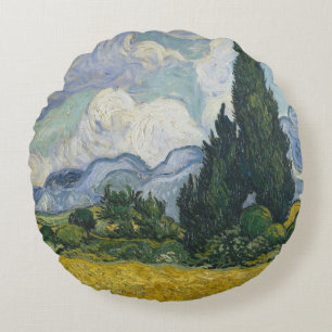 Coussins Ronds Champ de blé avec cyprès, peinture à l'huile, Van