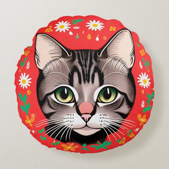 Coussins Ronds Chat avec couronne florale (Devant)