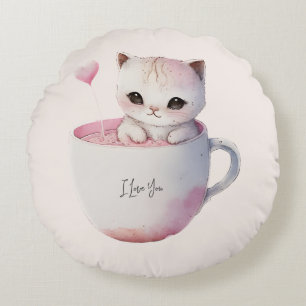 Coussins Ronds Chat blanc-rose mignonne dans une tasse de thé (4)
