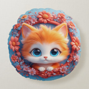 Coussins Ronds Chat de dessin animé adorable entouré de fleurs co
