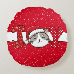Coussins Ronds Chat de Noël "JOY" Flacon de neige blanc rouge & p