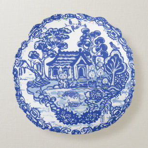 Coussins Ronds Chat Lucky Blue Willow Koi Bird Asian Pagoda Garde