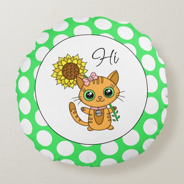 Coussins Ronds Chat mignon avec tournesol et Pois (Devant)