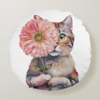 Coussins Ronds Chat mignonne avec grande fleur| Chat de Siamese a