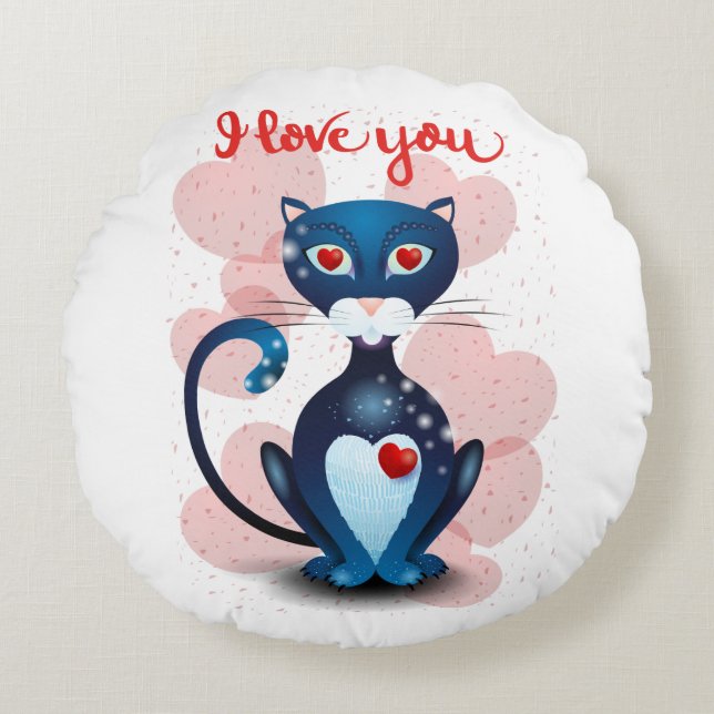 Coussins Ronds Chat noir en amour (Devant)