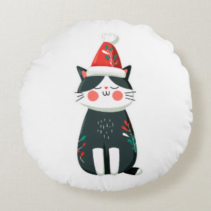 Coussins Ronds Chat Rétro Mignon en Chapeau de Père Noël – Noël C