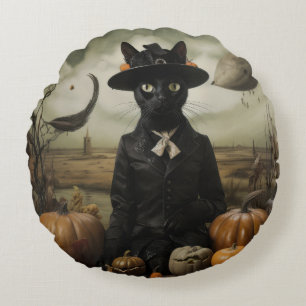 Coussins Ronds Chat Sorcière avec Citrouilles 
