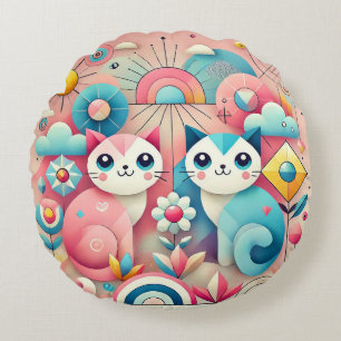 Coussins Ronds Chats de dessin animé mignons dans un décor nature