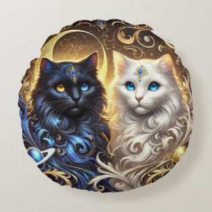 Coussins Ronds Chats noirs et blancs majestueux