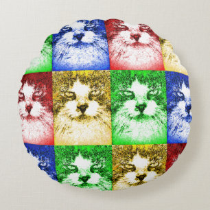Coussins Ronds Chats Pop Art Rouge Bleu Jaune Or Vert