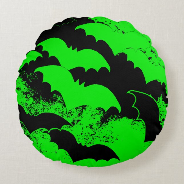 Coussins Ronds Chauves-souris noires en vert vol (Devant)