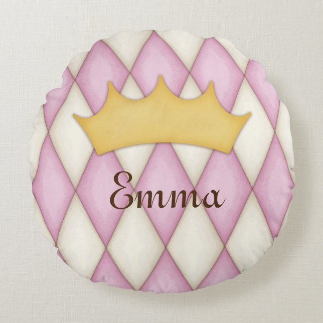 Coussins Ronds Chèque en diamant rose Nom personnalisé Princesse (Devant)
