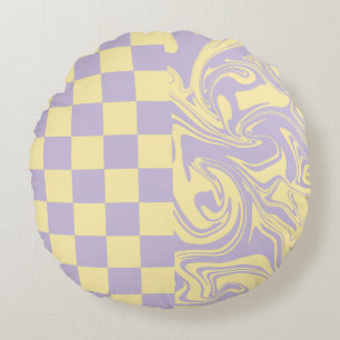 Coussins Ronds Chèques et tourbillons - Pastel Jaune et Violet