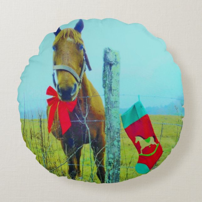 Coussins Ronds Cheval de Noël Brown (Devant)