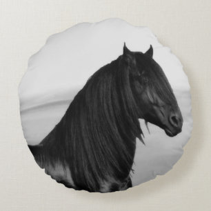 Coussins Ronds Cheval noir frison d'étalon