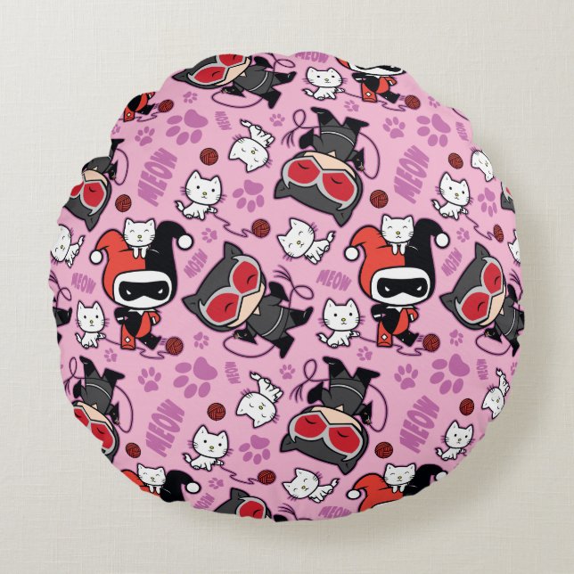 Coussins Ronds Chibi Catwoman, Harley Quinn & Kittens Motif (Devant)