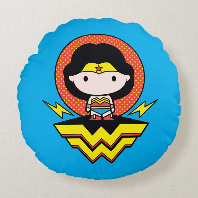 Coussins Ronds Chibi Wonder Woman avec Pois et logo (Devant)