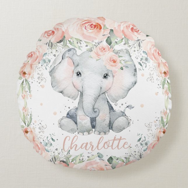 Coussins Ronds Chic Blush Floral Elephant Girl chambre à coucher  (Devant)