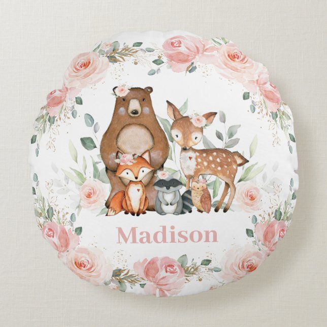 Coussins Ronds Chic Bois Animaux Pastel Blush Floral Gold (Devant)