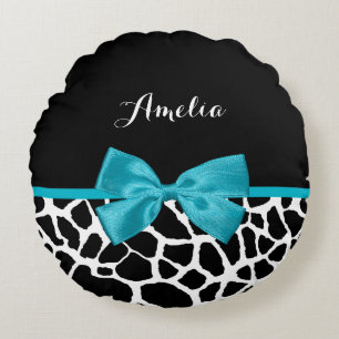 Coussins Ronds Chic Giraffe Imprimer Aqua Blue Ribbon Bow avec no