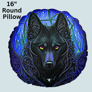Coussins Ronds Chien de loup noir sur bleu