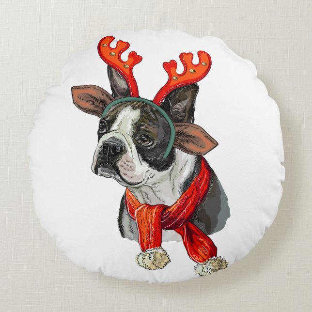 Coussins Ronds Chien de Noël Boston terrier Jeter l'oreiller (Devant)