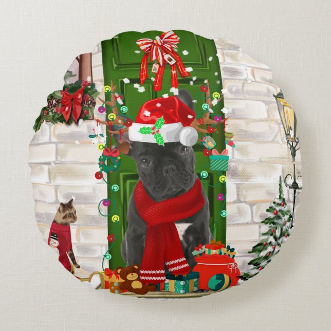 Coussins Ronds Chien de Noël Oreiller (Devant)