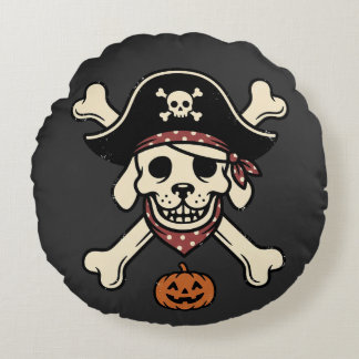 Coussins Ronds Chien de pirate vintage Halloween crâne os croisés