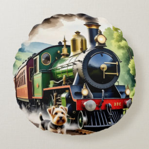 Coussins Ronds Chien saluant un train à vapeur