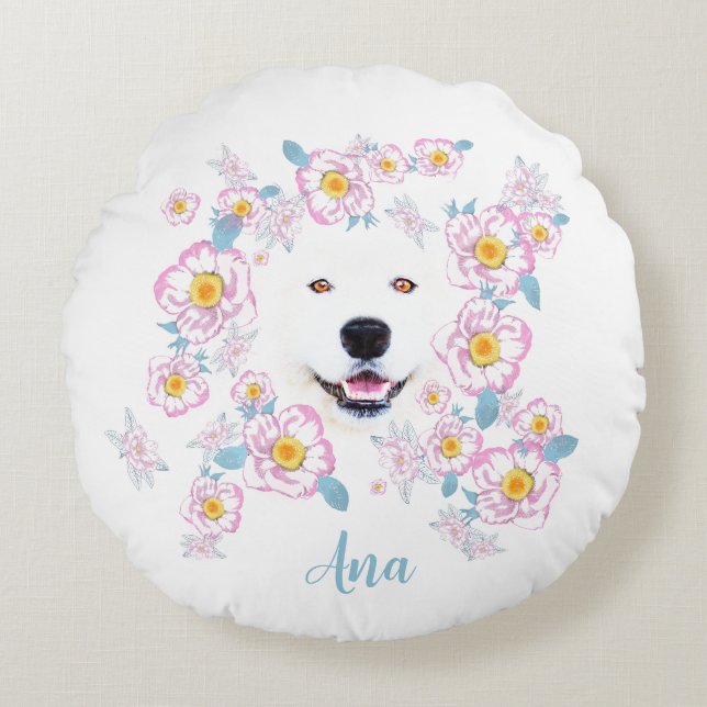 Coussins Ronds Chien Samoyède et fleurs roses, nom personnalisé (Devant)
