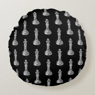 Coussins Ronds Chiffres d'échecs noirs et blancs Linocut King