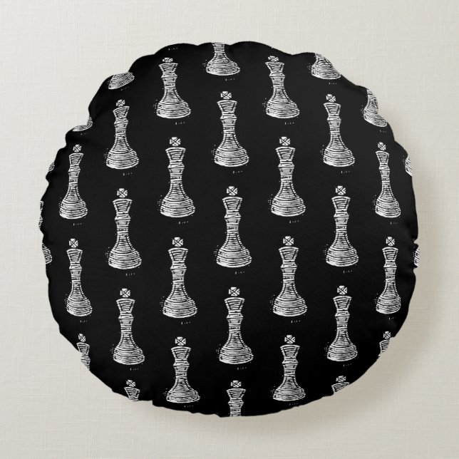 Coussins Ronds Chiffres d'échecs noirs et blancs Linocut King (Devant)