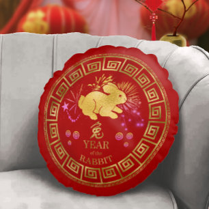 Coussins Ronds Chinese Zodiac Rabbit Red/Gold ID542