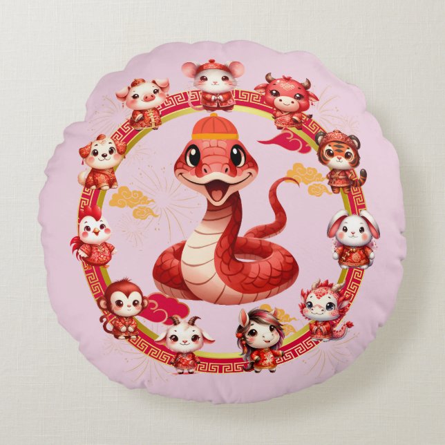Coussins Ronds Chinois Lunaire Conception du serpent du Nouvel An (Devant)