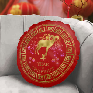 Coussins Ronds Chinois Zodiac Sheep Red/Gold ID542