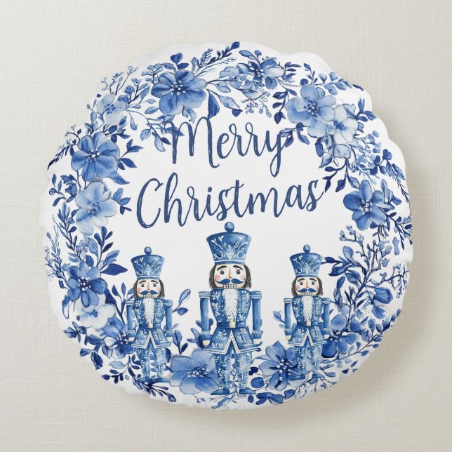 Coussins Ronds Chinoiserie Bleu Blanc Floral Casse-Noisettes Sold (Devant)