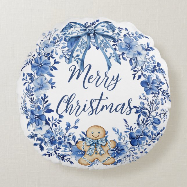 Coussins Ronds Chinoiserie Bleu Blanc Floral Gingerbread Homme (Devant)