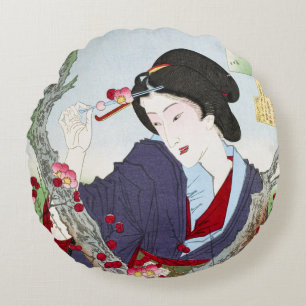 Coussins Ronds Chinoiserie Dame japonaise et fleur de cerisier ro