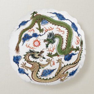Coussins Ronds Chinoiserie Famille Verte Dragons 