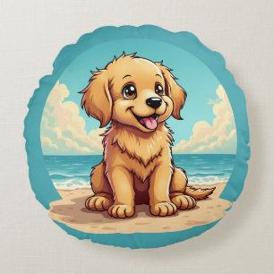 Coussins Ronds Chiot doré mignon sur une scène de plage ensoleill