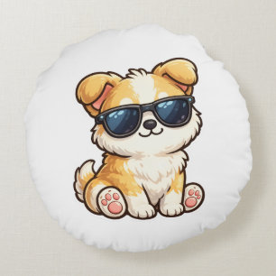 Coussins Ronds Chiot Mignon avec Lunettes de Soleil Design Kawaii